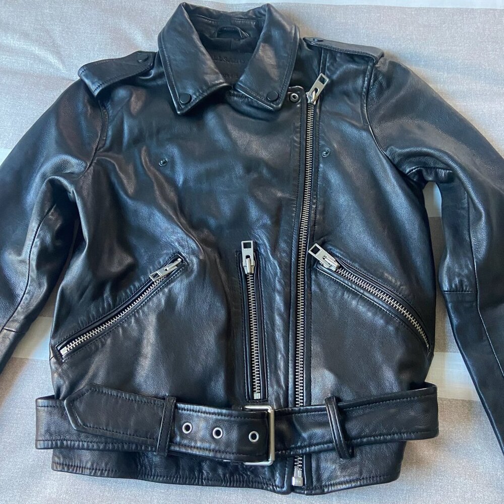 AllSaints Balfern Black Biker Cropped Belted Leather Jacket $528 New Sz 6 - Picture 8 of 16